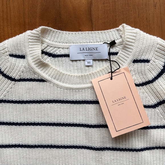 NEW / LA LIGNE Striped White & Navy Cotton Cashmere Sweater / XS - Picture 4 of 5